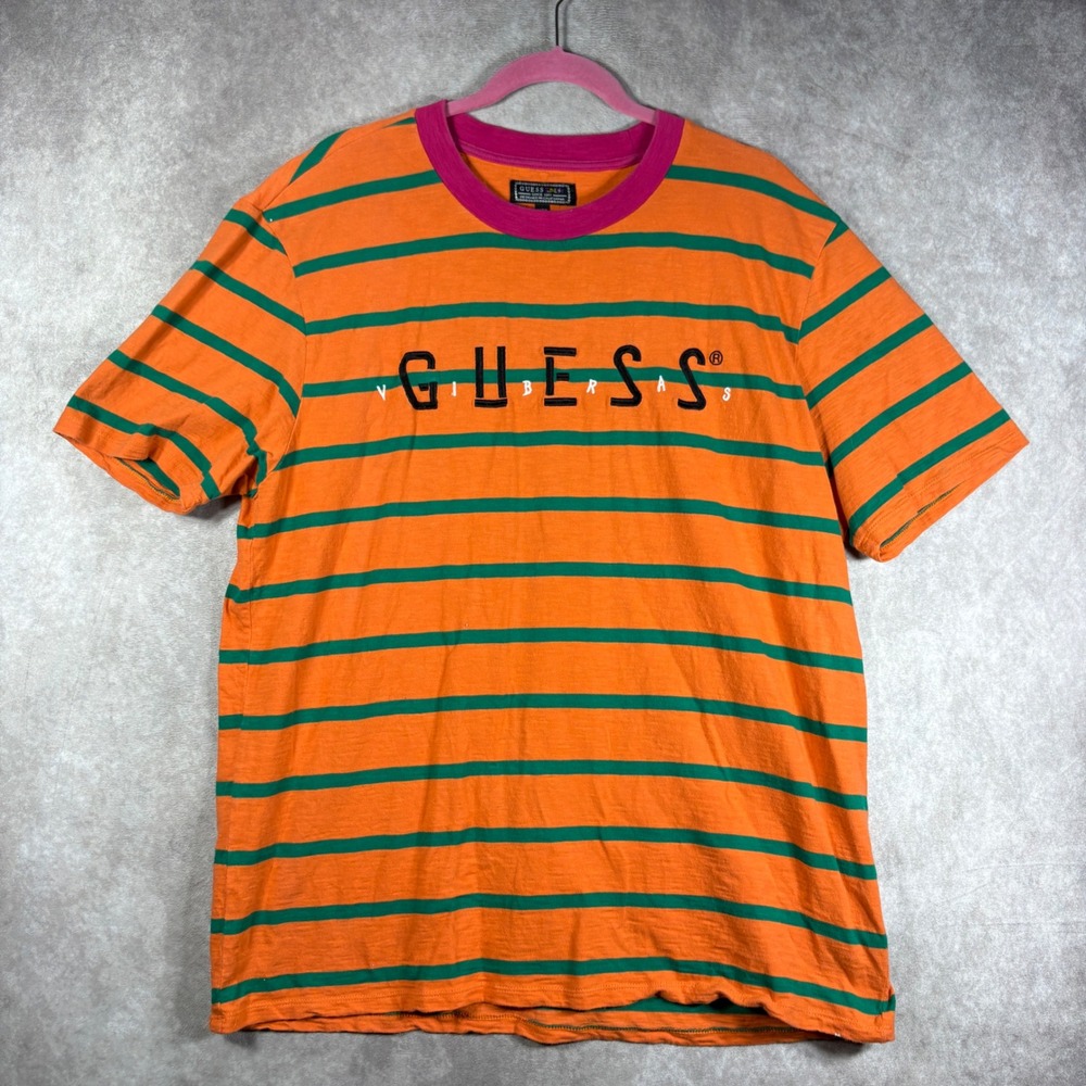 Guess x J Balvin Vibras Orange Striped T-Shirt Tee Mens L Embroidered Logo Hype